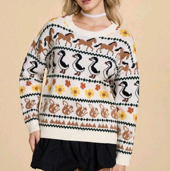 Countryside Cute Allover Print Crew Neck Long Sleeve Sweater - Picture 1 of 4
